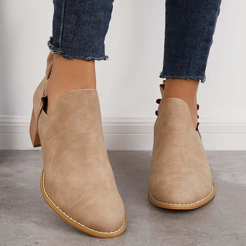 V-Cut Ruffle Ankle Boots Slip on Chunky Stacked Heel Booties