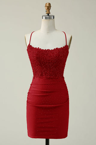 Hot Selling Bodycon Spaghetti Straps Dark Green Short Homecoming Dress with Appliques