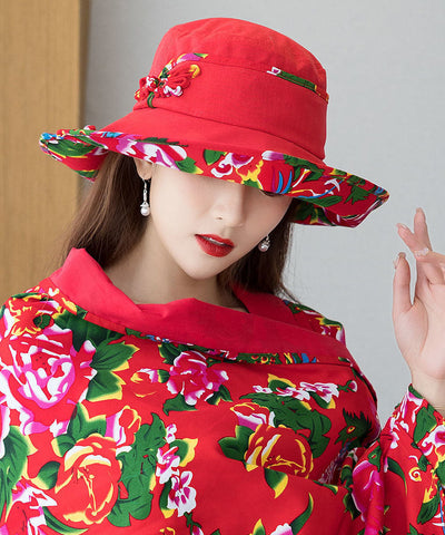 Schlapphut aus Leinen mit rotem Print im Vintage-Stil