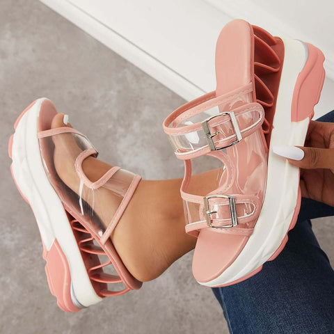 Clear Slip On Wedge Sandals Double Buckle Slide Slippers