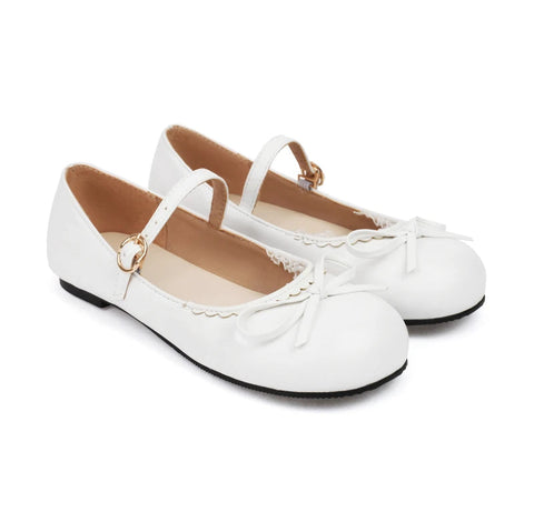 - Spring Autumn Pink White Mary Janes Flat Shoes Woman Round Toe Buckle Strap Lolita Girls Student Ballet Flats Plus Size 43 44 45