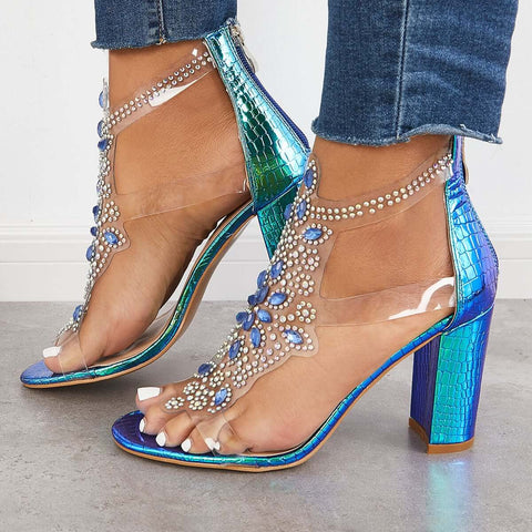 Rhinestone Block Chunky High Dress Heels T-Strap Sandals