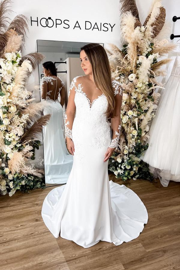 Bmbridal Long Sleeves Mermaid Wedding Dress Lace Zipper Button Back