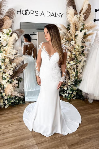 Bmbridal Long Sleeves Mermaid Wedding Dress Lace Zipper Button Back