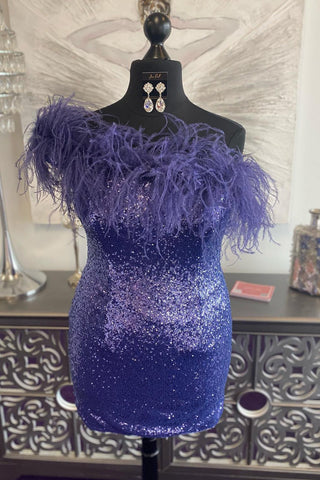 Sheath One Shoulder Light Blue Sequins Homecoming Dress with Feather