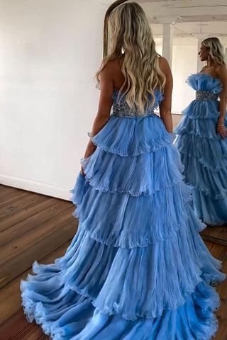 Trendy A-Linie trägerloses blaues langes Ballkleid mit Perlenbesatz