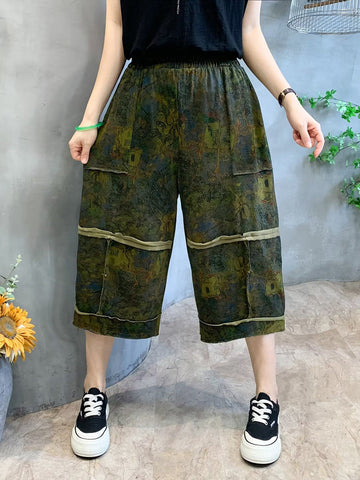 Women Summer Retro Flower Print Spliced Pocket Loose Pants