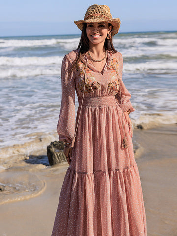 Langärmliges Midikleid mit Stickerei und Polka Dots zum Binden am Hals