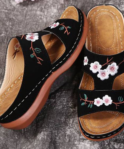 0508Bohemian Red Embroideried Faux Leather Splicing Wedge Slide Sandals