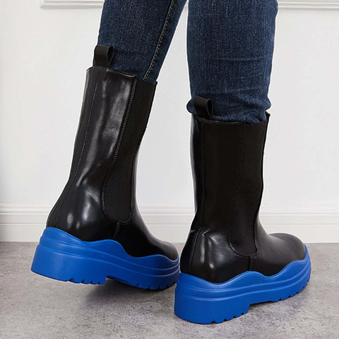 Platform Lug Sole Mid Calf Chelsea Boots Chunky Block Heel Booties