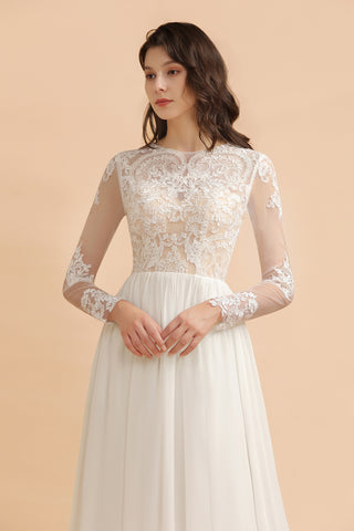 Elegant A-Line Chiffon Lace Wedding Dress Long Sleeves Jewel Ruffles Bridal Gowns On Sale