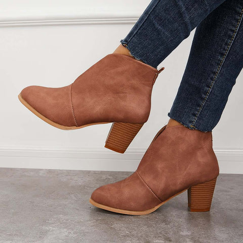 Retro Western V Cut Ankle Boots Slip On Chunky Stacked Heel Booties