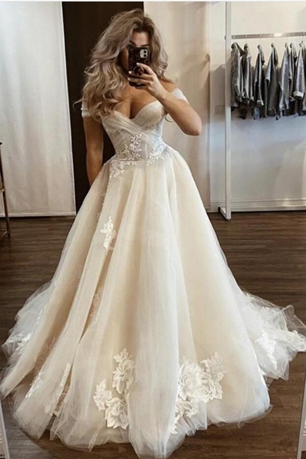 BMbridal Off-the-Shoulder Tulle Wedding Dress Long With Appliques