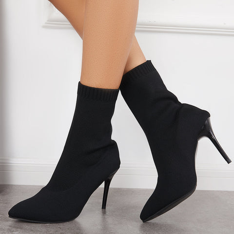 Stretch Stilettos Sock Booties Pointed Toe High Heel Mid Calf Boots