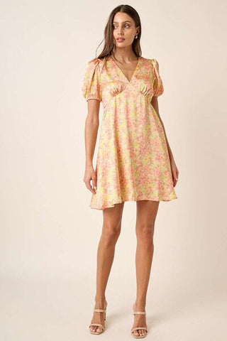 Floral V-Neck Puff Sleeve Mini Summer Dress