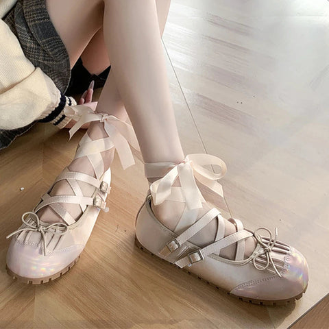 Bow Ballet Dance Flats Women Shoes Shallow Mary Jane Fashion Dress Lolita Sandals 2024 Spring New Casual Cozy Zapatos Para Mujer