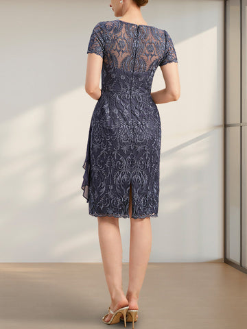 Sheath/Column Scoop Illusion Knee-Length Lace Chiffon Mother of the Bride Dress With Cascading Ruffles Sequins