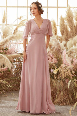 Rosa Chiffon-Brautjungfernkleid mit Fledermausärmeln