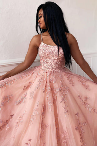 Gorgeous A Line Spaghetti Straps Yellow Long Prom Dress with Appliques