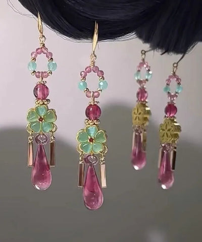 Art Pink Copper Overgild Water Droplet Tassel Drop Earrings