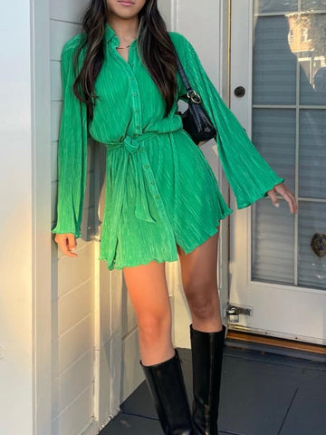 Tied Button Up Long Sleeve Resort Dress
