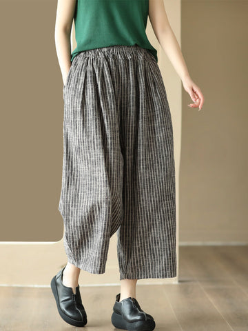 Plus Size Women Summer Vintage Stripe Pocket Loose Linen Harem Pants