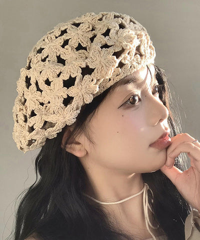 Stylish Beige Hollow Out  Floral Knit Beret Hat