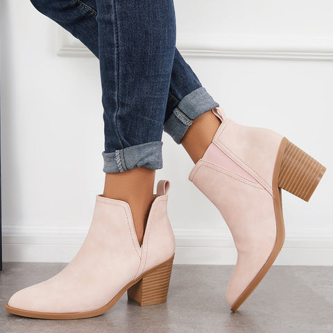 Cutout Western Ankle Cowboy Boots Chunky Stacked Heel Booties