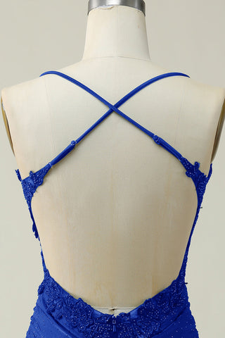 Stylish Sheath Spaghetti Straps Royal Blue Short Homecoming Dress with Appliques