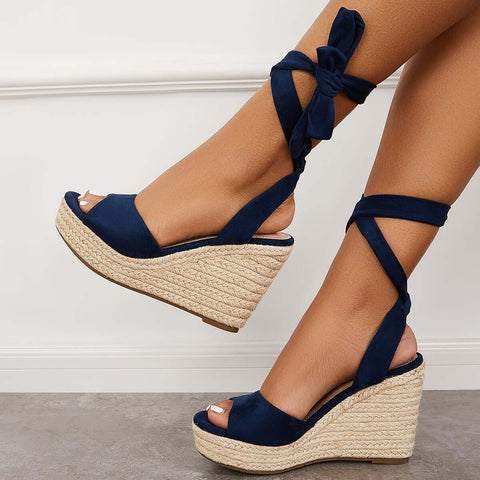 Lace up Espadrille Heel Platform Wedges Ankle Strap Sandals