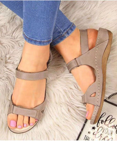 0508Boho Splicing Peep Toe Wedge Sandals Brown Faux Leather