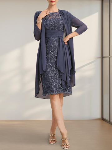 Sheath/Column Scoop Illusion Knee-Length Lace Chiffon Mother of the Bride Dress With Cascading Ruffles Sequins