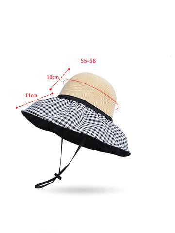 Summer Casual Straw Spliced Plaid Drawstring Hat