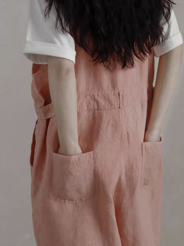 Women Summer Solid Casual Loose Straight-leg Linen Jumpsuits