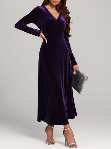 V-Neck Long Sleeve Velvet Midi Dress
