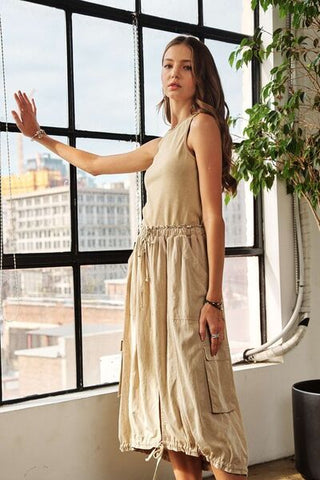 Drawstring Sleeveless Washed Beige Resort Dress