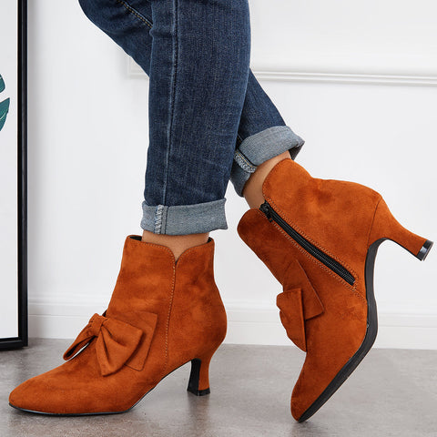 Bowknot Kittten Heel Ankle Boots Side Zipper Dress Short Booties