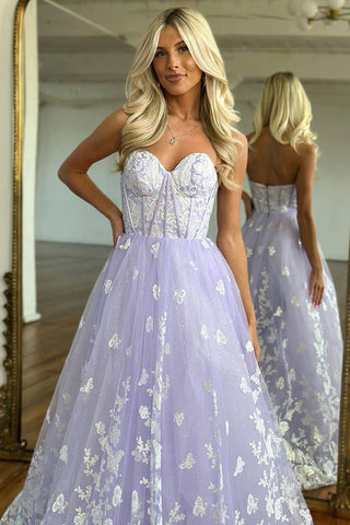 A-Linien-Ballkleid mit Herzausschnitt und lila Korsett und Applikationen