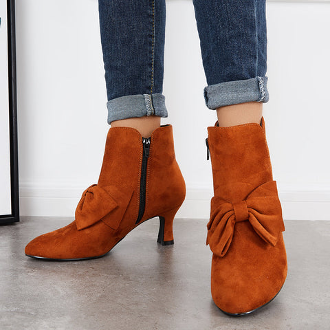 Bowknot Kittten Heel Ankle Boots Side Zipper Dress Short Booties