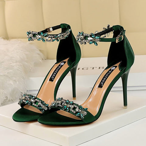 2024 Women 9cm High Heels Crystal Sandals Wedding Bridal Stiletto Heels Sandles Glitter Prom Elegant Stripper Satin Strap Shoes