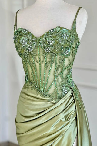Mermaid Silver Spaghetti Straps Corset Prom Dress with Appliques