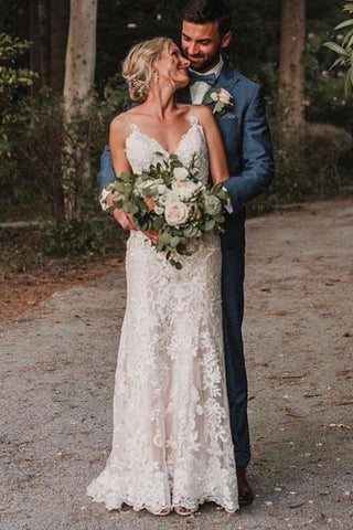 Bmbridal V-Neck Spaghetti-Straps Wedding Dress Lace Bridal Gowns