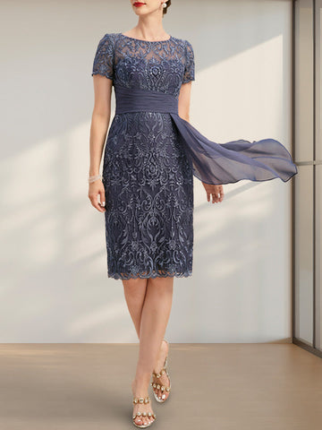 Sheath/Column Scoop Illusion Knee-Length Lace Chiffon Mother of the Bride Dress With Cascading Ruffles Sequins