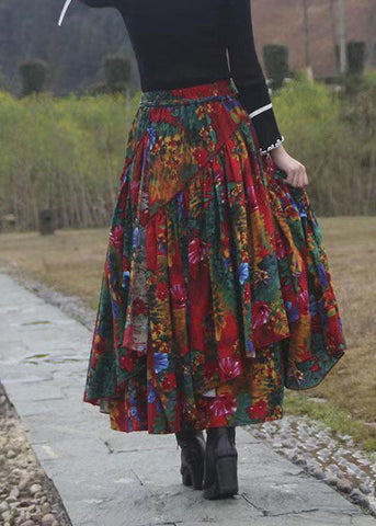 Print Patchwork Tie Waist Maxi Skirts Fall
