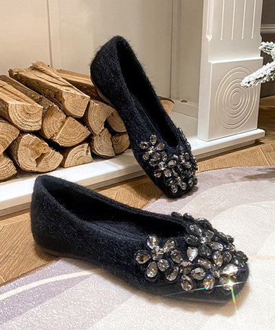 Schwarze flache Schuhe stilvolle Wildleder handgemachte Spleißen Zirkon