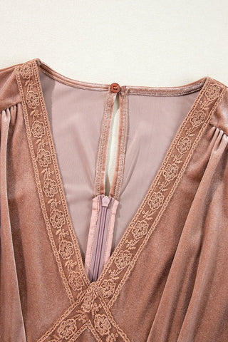 Lace Detail V-Neck Short Sleeve Midi Dress