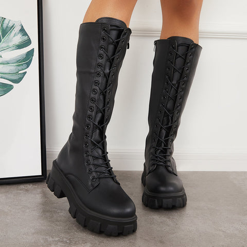 Lace Up Platform Heel Knee High Boots Lug Sole Combat Boots