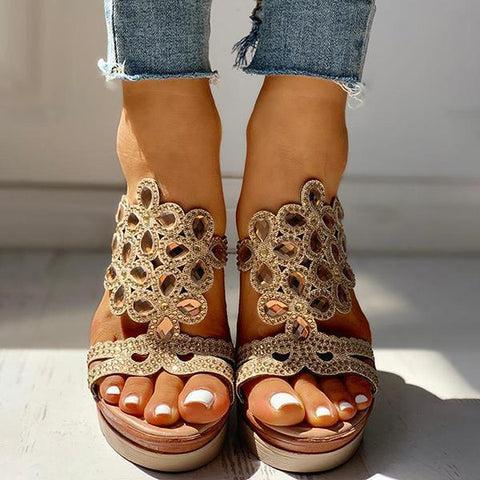 Rhinestone Embellishment Platform Wedges Slip-on Sandals