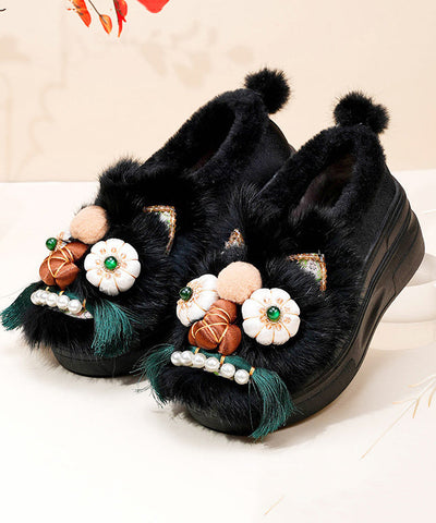 Lila Retro Handgefertigte Plateau-Ballerinas mit flauschiger Wolle im Spleiß-Design