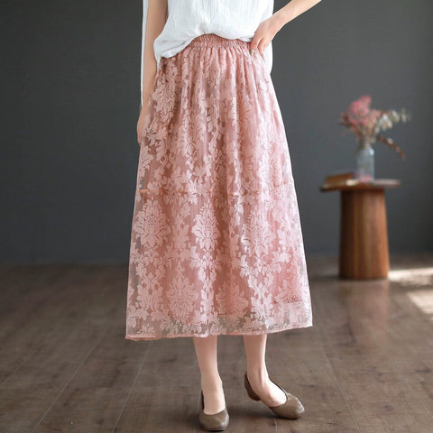 Summer Retro Figured Mesh Cotton Linen Skirt